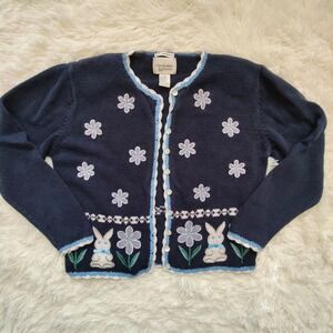 Vtg 90s Christopher & Banks Embroidered Knit Cardigan Bunny Cottagecore Easter